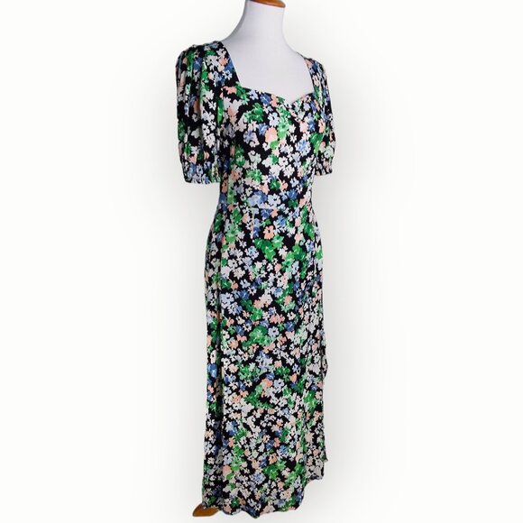 H&M Midi Dress Size Small Black Florals Side Slit Sweetheart Neckline - Picture 4 of 14